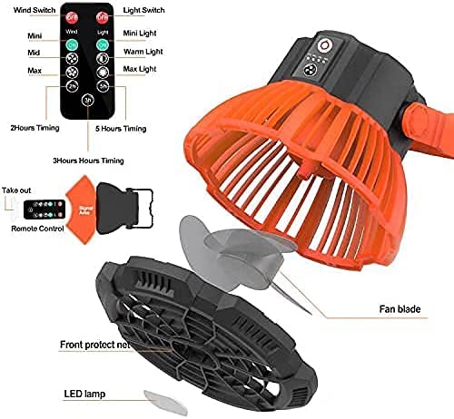 Portable Fan Camping Fan for Tents, 25 Hours Work-time Camping Lantern Ceiling Tent Fan Desk Fan with 7800mAh Power Bank, Clip and Remote, Usb Rechargeable Fan for Hiking, BBQ,Hunting, Hurricane (Black Orange)